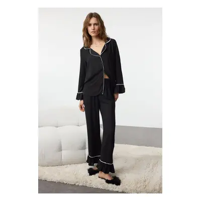 Trendyol Black Lace and Flounce Detail Viscose Woven Pajama Set