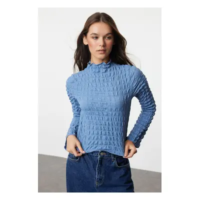 Trendyol Indigo Textured Fitted/Body-Sit Stand-Up Collar Flexible Knitted Blouse