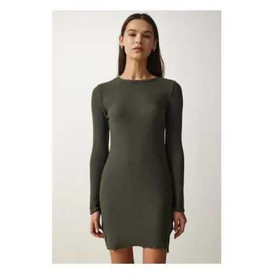 Happiness İstanbul Women's Khaki Mini Slit Corduroy Knitted Dress