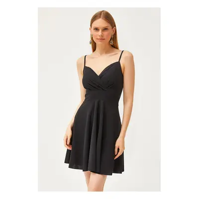 Olalook Women's Black Strap Double Breasted Collar Flared Dress