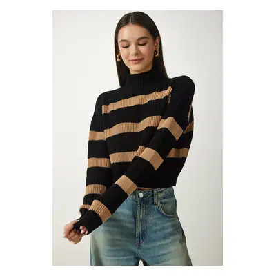 Happiness İstanbul Women's Black Biscuit High Neck Striped Knitwear Sweater