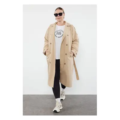 Trendyol Curve Beige Regular Fit Maxi Length Technical Fabric Seasonal Trench Coat with Belt Wai