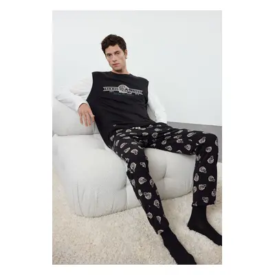 Trendyol Men's Black Printed Regular Fit Knitted 100% Cotton Pajama Set