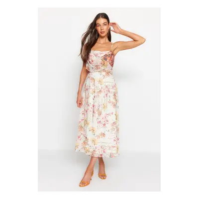 Trendyol Ecru Floral Patterned Waist Opening Straps Maxi Lined Chiffon Woven Dress