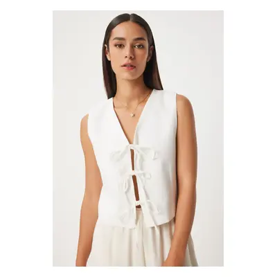 Happiness İstanbul Women's White Bow Linen Vest