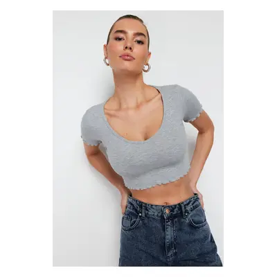 Trendyol Gray Melange Pool Neck Baby Overlock Detail Crop Ribbed Elastic Knitted Blouse