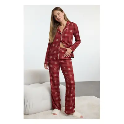 Trendyol Burgundy Winter Themed Plaid Piping Detailed Viscose Woven Pajama Set