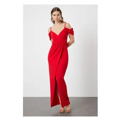 Trendyol Red Belt Detailed Woven Long Evening Dress