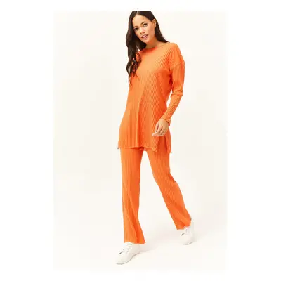 Olalook Women's Orange Top Slit Blouse Bottom Palazzo Ribbed Suit