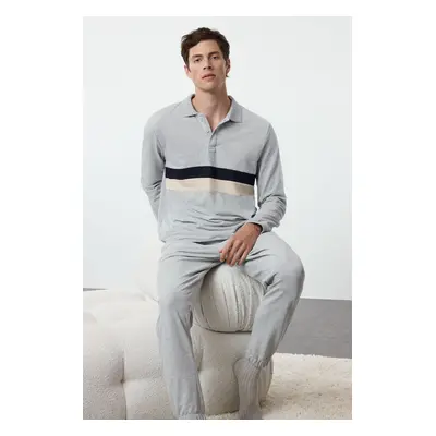 Trendyol Men's Gray Paneled Regular Fit Pique Fabric Knitted Pajama Set