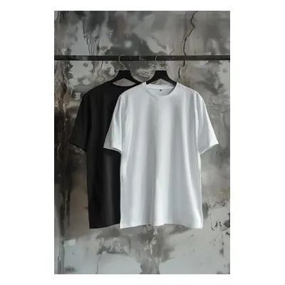 Trendyol Black-Ecru Oversize 2-Pack Basic 100% Cotton T-Shirt