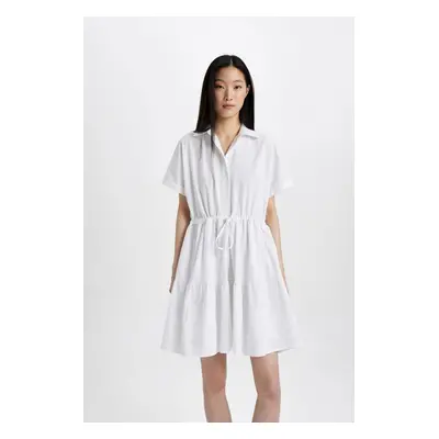 DEFACTO Shirt Collar Pleated Waist Poplin Short Sleeve Mini White Dress