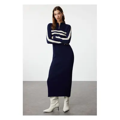 Trendyol Navy Blue Color Block Corded Knitwear Dress