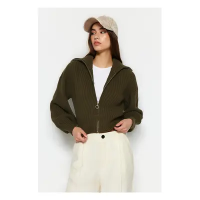 Trendyol Khaki Crop pletený svetr na zip