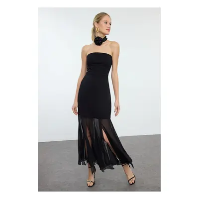 Trendyol Black Strapless Chiffon Woven Chic Midi New Year's Eve Evening Dress