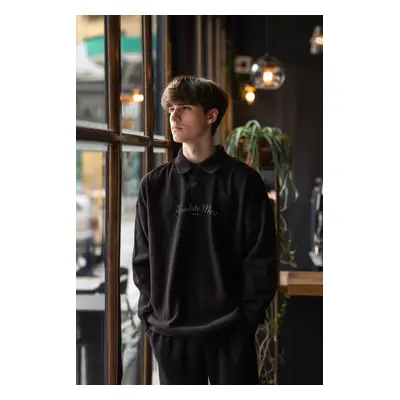 Trendyol Black Oversize/Wide Cut Text Printed Polo Neck Sweathisrt