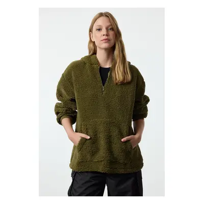 Trendyol Khaki Zippered Hooded Oversize/Wide Fit Plush Knitted Sweatshirt