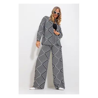 Trend Alaçatı Stili Women's Black Patterned Shirt And Trousers Bottom Top Woven Suit