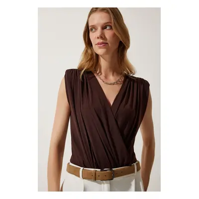 Happiness İstanbul Women's Brown Wrapover Neck Waistband Snap-On Knitted Blouse