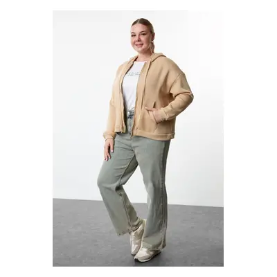 Trendyol Curve Beige Hooded Plus Size Knitted Sweatshirt with Fleece Inside and Zipper on the Fr