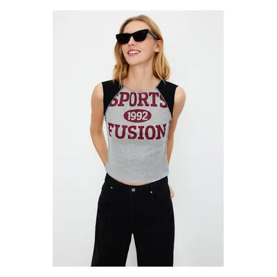 Trendyol Gray Melange Color Blocked Slogan Printed Fitted Crop Knitted T-Shirt