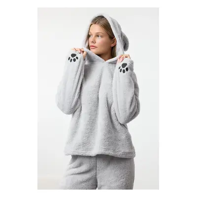 Trendyol Gray Hooded and Embroidered Wellsoft Winter Knitted Pajama Set