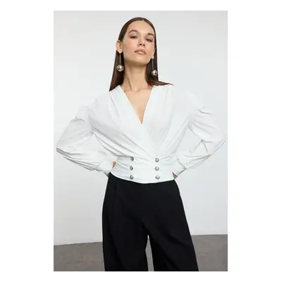 Trendyol White Crop Button Detailed Knitted Chic Blouse