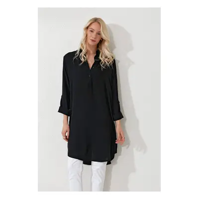 Trend Alaçatı Stili Women's Black Shirt Collar Half Pop Long Woven Tunic