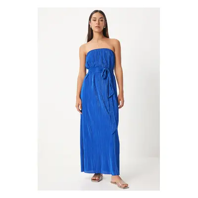 Happiness İstanbul Women's Blue Strapless Belted Pleated Dress