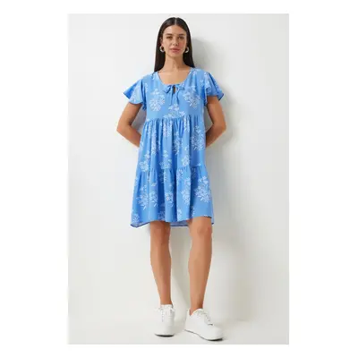 Happiness İstanbul Women's Blue White Floral Summer Flared Viscose Dress