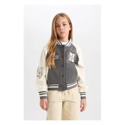 DEFACTO Girls Embroidered College Collar Snap Closure Thick Fabric Soft Fluffy Bomber Cardigan