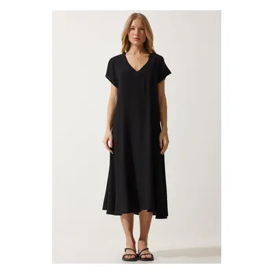 Happiness İstanbul Women's Black V-Neck Summer Flowing Viscose Dress