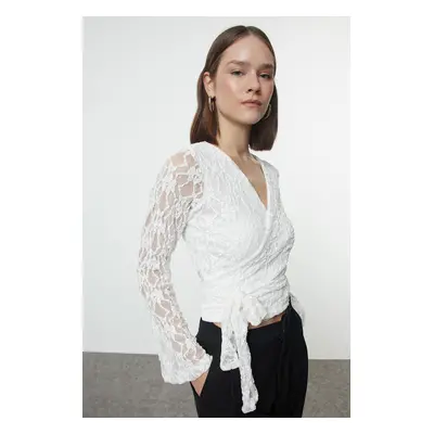 Trendyol Black Lace Fitted Double Breasted Stretchy Knitted Blouse