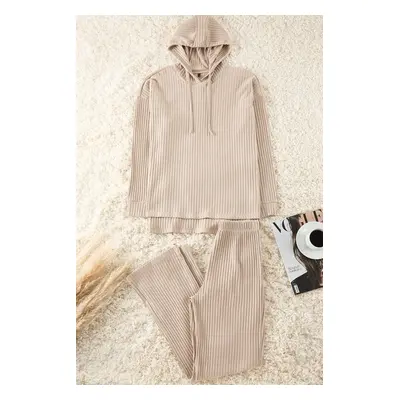 Trendyol Dark Beige Hooded Ribbed Knitted Pajama Set