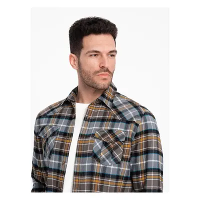 Ombre Men's checkered flannel shirt with pockets - gray-yellow