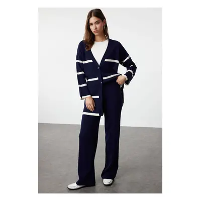 Trendyol Navy Blue Roving Knit Knitwear Cardigan-Trousers Bottom-Top Set