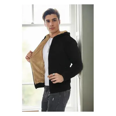 14455 Dewberry Furry Hooded Mens Sports Slim Fit Cardigan-BLACK