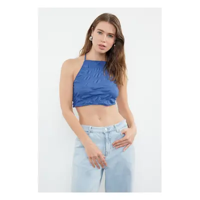 Trendyol Indigo Textured Crop Halter Neck Stretchy Knitted Blouse