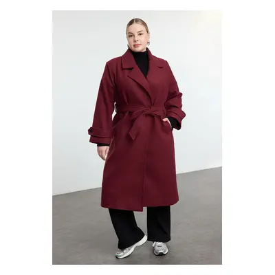 Trendyol Curve Claret Red Regular Fit Wide Collar Detailed Long Wool Blend Cashmere Coat