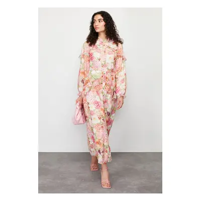 Trendyol Pink Floral Ruffle Detailed Lined Woven Chiffon Dress