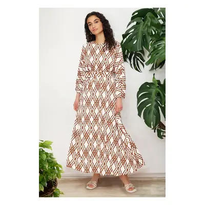 Trendyol Cinnamon Patterned Belt Detailed Crinkle Woven Dress