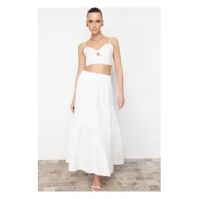 Trendyol Ecru Hem Lace Detailed Linen Look Flared Maxi Woven Skirt