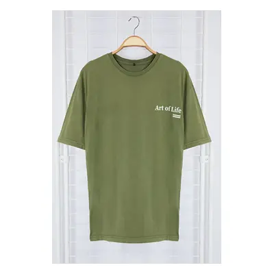 Trendyol Khaki Oversize/Wide Cut Faded Effect Text Printed 100% Cotton T-Shirt