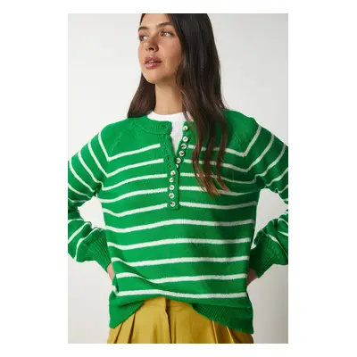 Happiness İstanbul Women's Vivid Green Buttoned Collar Striped Knitwear Sweater