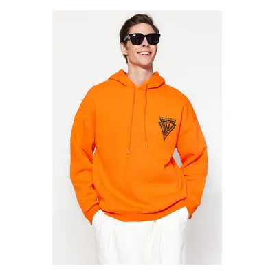 Trendyol Orange Hooded Oversize/Wide Cut College Printed Cotton Fleece Sweatshirt