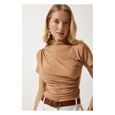 Happiness İstanbul Women's Biscuit Gathered High Collar Knitted Blouse