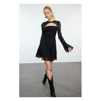 Trendyol Black Corset Detailed Knitted Lace Chic Mini Evening Dress