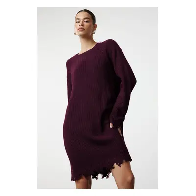 Trendyol Claret Red Plain Mini Wide Pattern Plain Knit Dress with Draping Detail