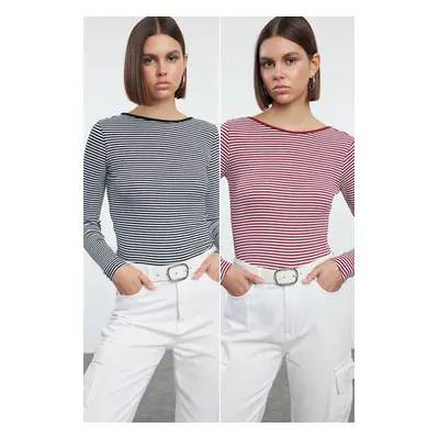 Trendyol Black and Red Striped Fitted Backless Ribbed Stretchy Knitted Blouse