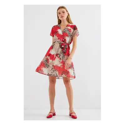 Bigdart Short Sleeve Patterned Chiffon Dress - Red